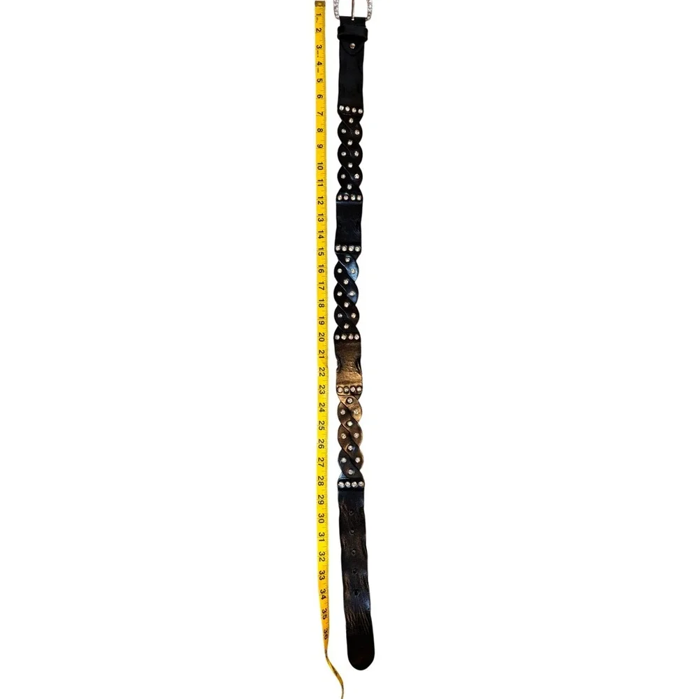 Unbranded Braided Leather Belt Women 36 Black Excellent‎ Rhinestone Horseshoe